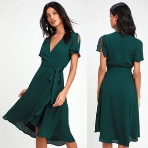 Lulu’s Rise to the Occasion Green Midi Wrap Dress